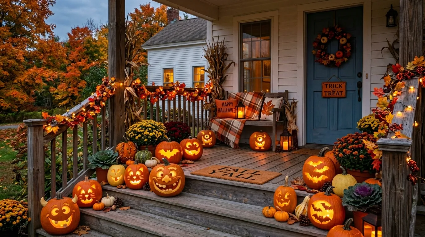 Use lanterns and carved pumpkins together for stronger depth inspiration for a Halloween porch display.